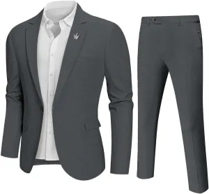 Hihawk Men 2 Piece Regular Fit Linen Suit, Casual Blazer Pants Set, Lightweight Jacket Trouser for Wedding Prom