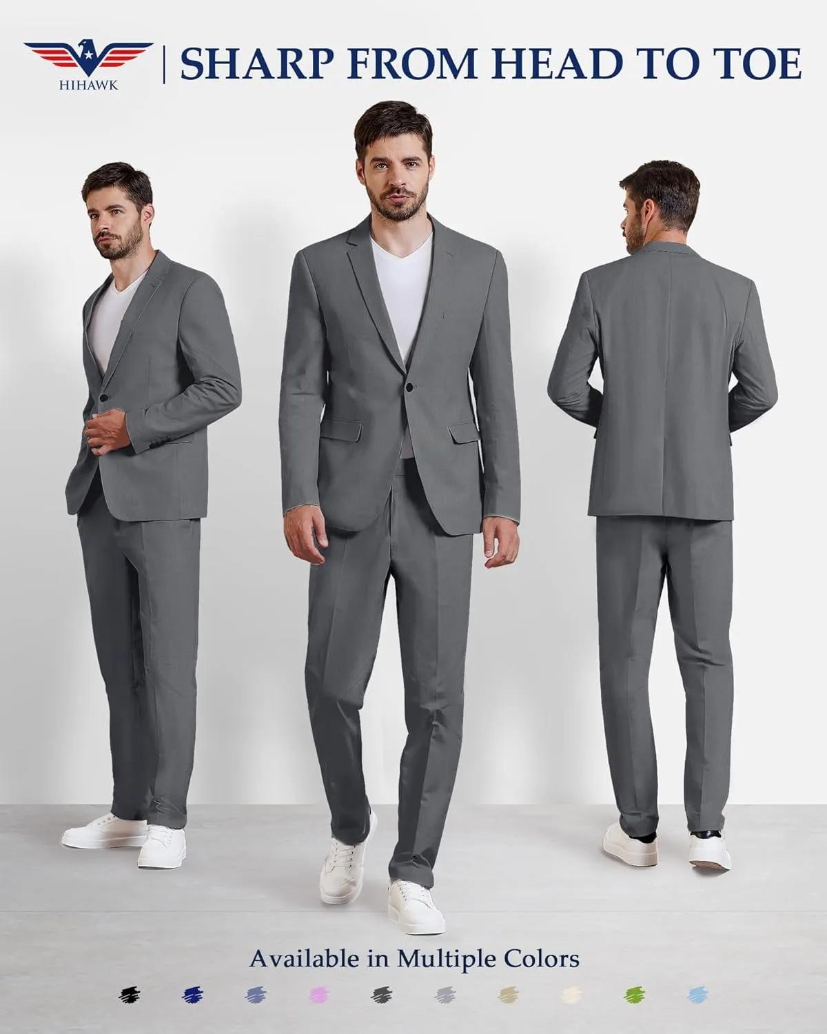 Hihawk Men 2 Piece Regular Fit Linen Suit, Casual Blazer Pants Set, Lightweight Jacket Trouser for Wedding Prom