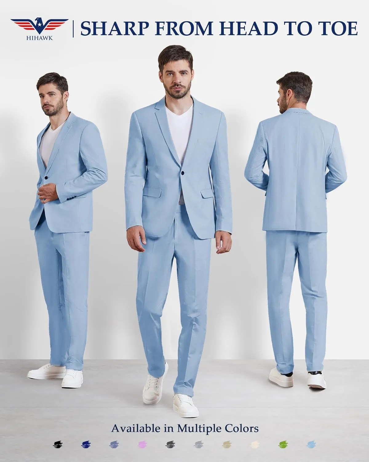 Hihawk Men 2 Piece Regular Fit Linen Suit, Casual Blazer Pants Set, Lightweight Jacket Trouser for Wedding Prom