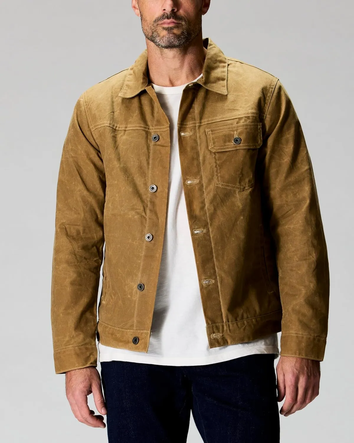 Huckberry Flint and Tinder Men's Flannel-Lined Waxed Trucker Jacket, Water & Weather Resistant Mens Jacket
