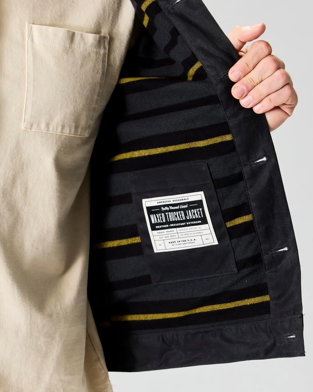Huckberry Flint and Tinder Men's Flannel-Lined Waxed Trucker Jacket, Water & Weather Resistant Mens Jacket