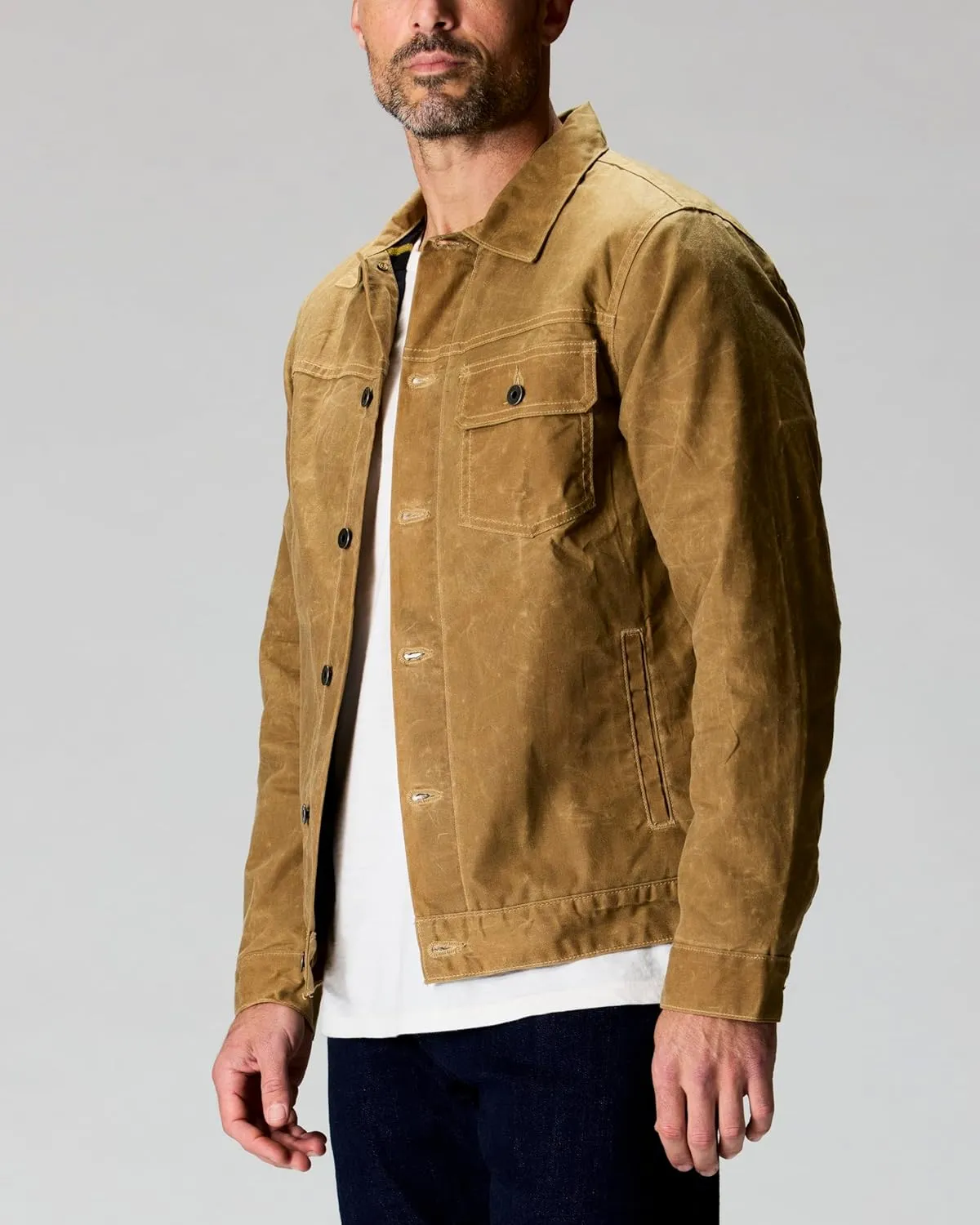 Huckberry Flint and Tinder Men's Flannel-Lined Waxed Trucker Jacket, Water & Weather Resistant Mens Jacket