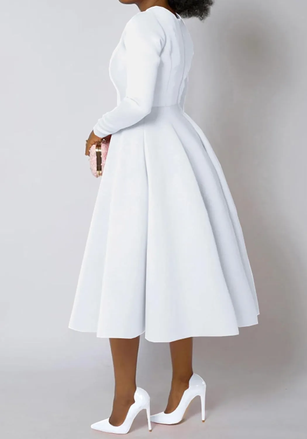 HuiSiFang Women's Pleated Dresses Casual High Waisted Solid Color Long Sleeve A Line Dresses Flare Maxi Dress
