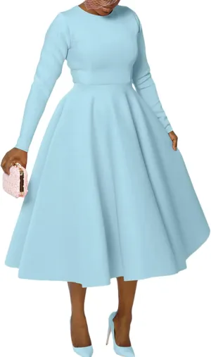 HuiSiFang Women's Pleated Dresses Casual High Waisted Solid Color Long Sleeve A Line Dresses Flare Maxi Dress