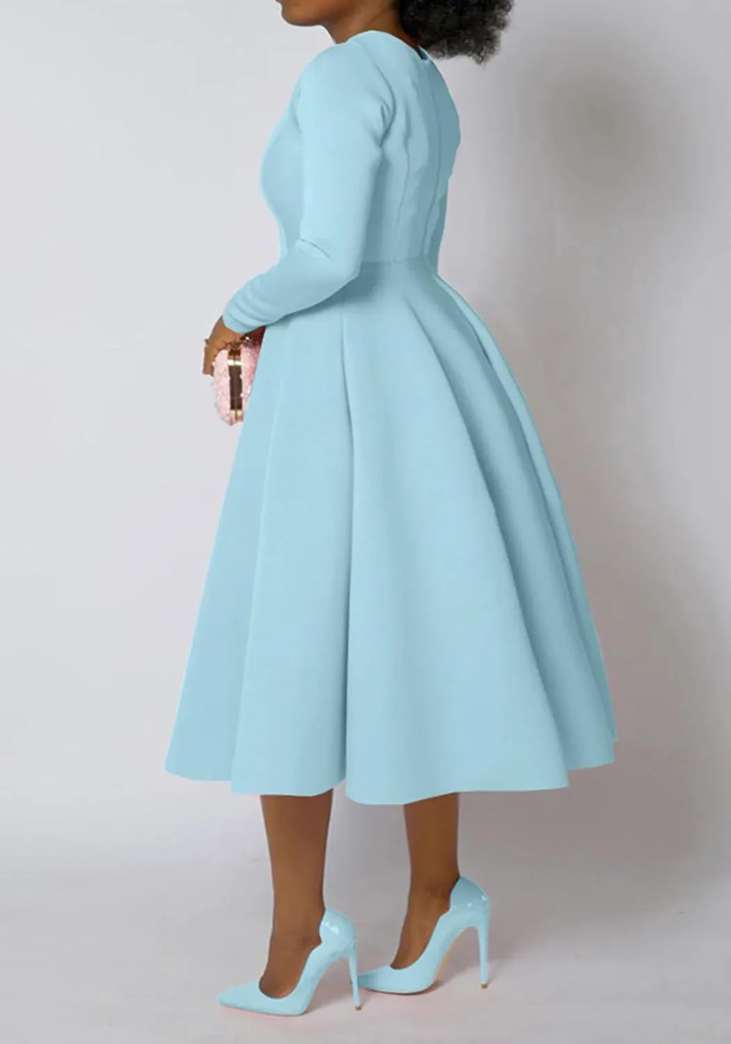HuiSiFang Women's Pleated Dresses Casual High Waisted Solid Color Long Sleeve A Line Dresses Flare Maxi Dress