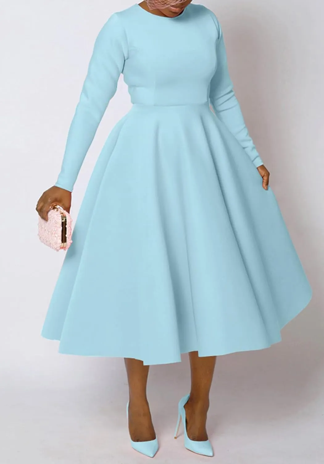 HuiSiFang Women's Pleated Dresses Casual High Waisted Solid Color Long Sleeve A Line Dresses Flare Maxi Dress