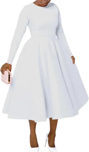 HuiSiFang Women's Pleated Dresses Casual High Waisted Solid Color Long Sleeve A Line Dresses Flare Maxi Dress