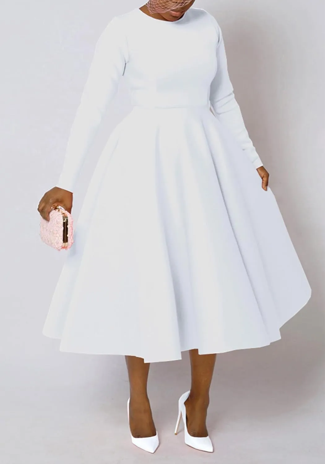 HuiSiFang Women's Pleated Dresses Casual High Waisted Solid Color Long Sleeve A Line Dresses Flare Maxi Dress
