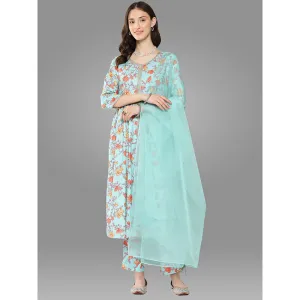 Janasya Womens Aqua Blue Moss Digital Floral Printed Kurta, Pant and Dupatta (Set of 3)