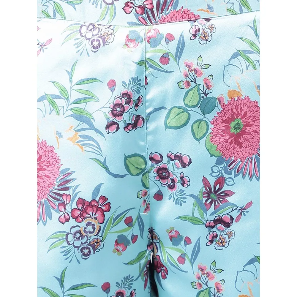 Janasya Womens Aqua Blue Satin Digital Floral Printed Kurta with Pant (Set of 2)
