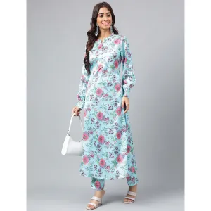 Janasya Womens Aqua Blue Satin Digital Floral Printed Kurta with Pant (Set of 2)