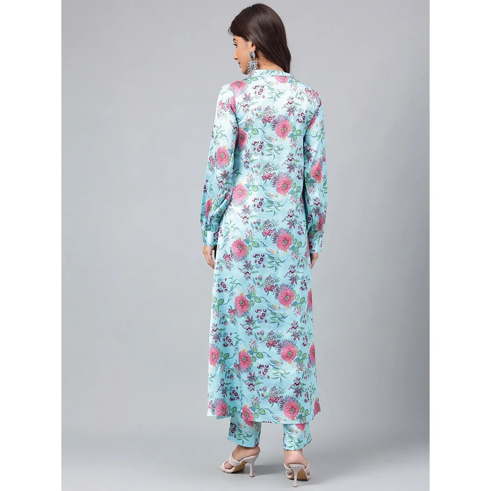 Janasya Womens Aqua Blue Satin Digital Floral Printed Kurta with Pant (Set of 2)