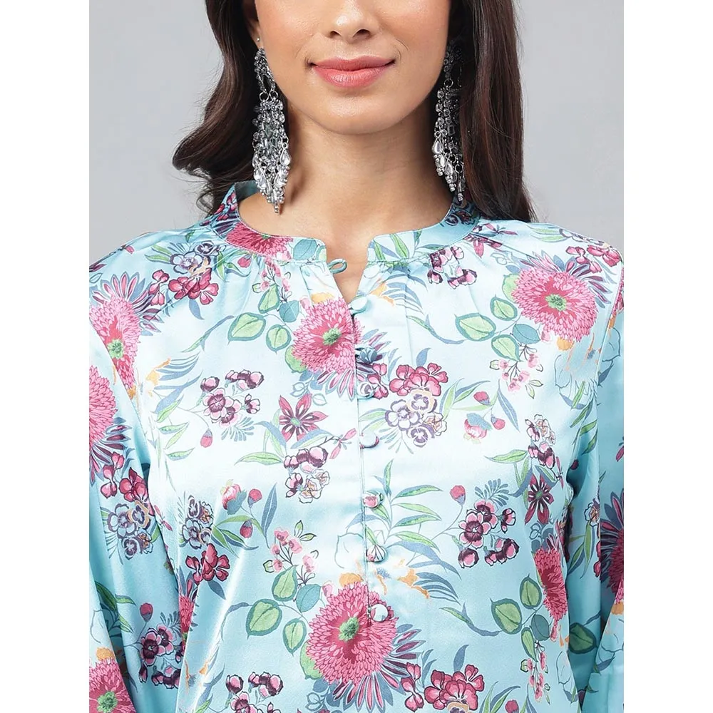Janasya Womens Aqua Blue Satin Digital Floral Printed Kurta with Pant (Set of 2)
