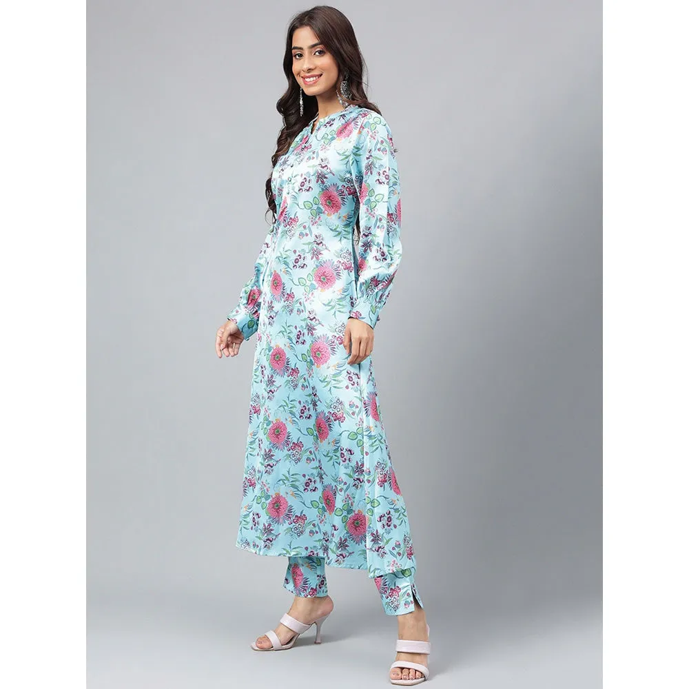 Janasya Womens Aqua Blue Satin Digital Floral Printed Kurta with Pant (Set of 2)