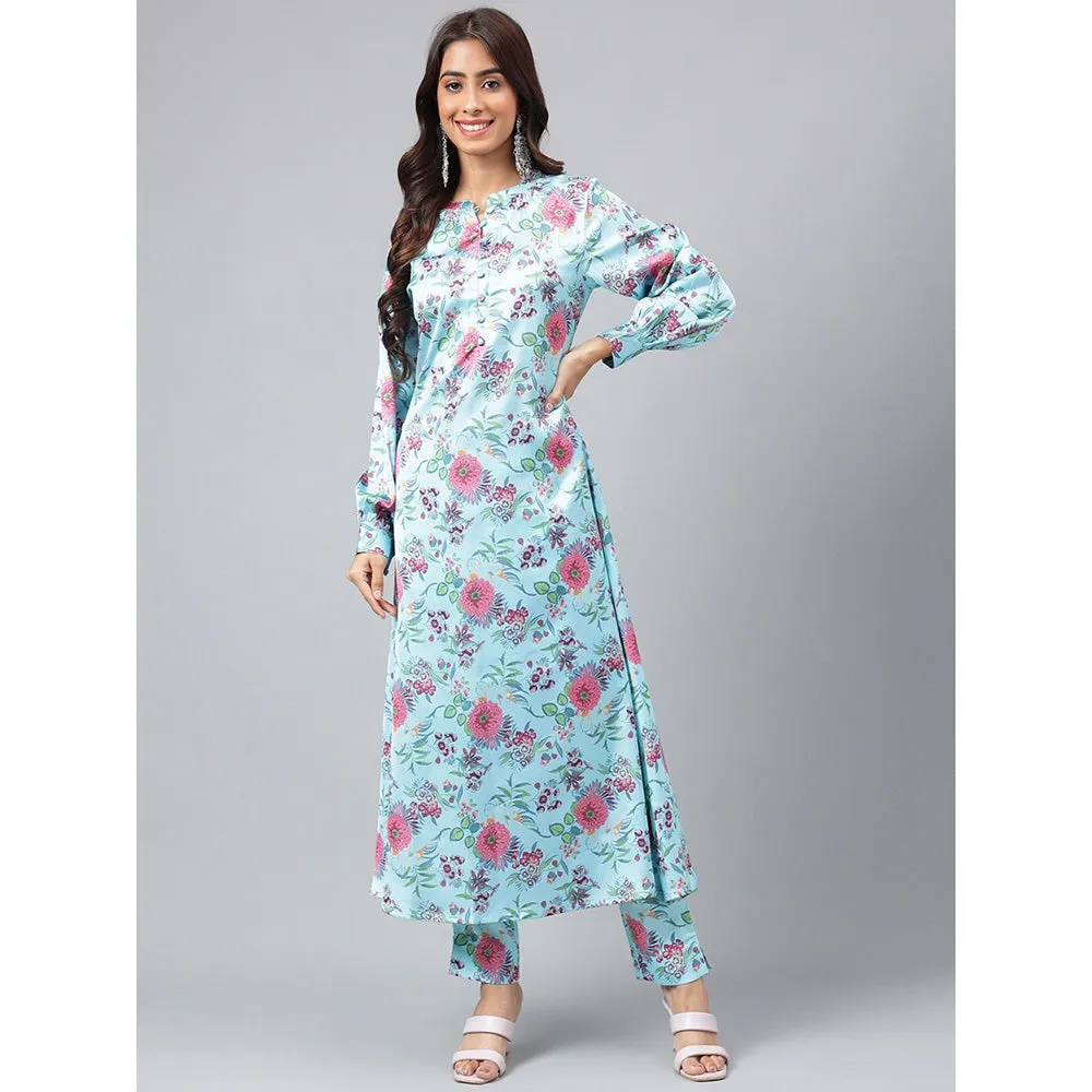 Janasya Womens Aqua Blue Satin Digital Floral Printed Kurta with Pant (Set of 2)