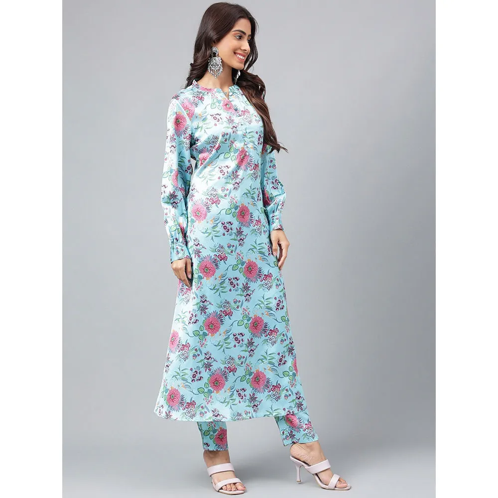 Janasya Womens Aqua Blue Satin Digital Floral Printed Kurta with Pant (Set of 2)