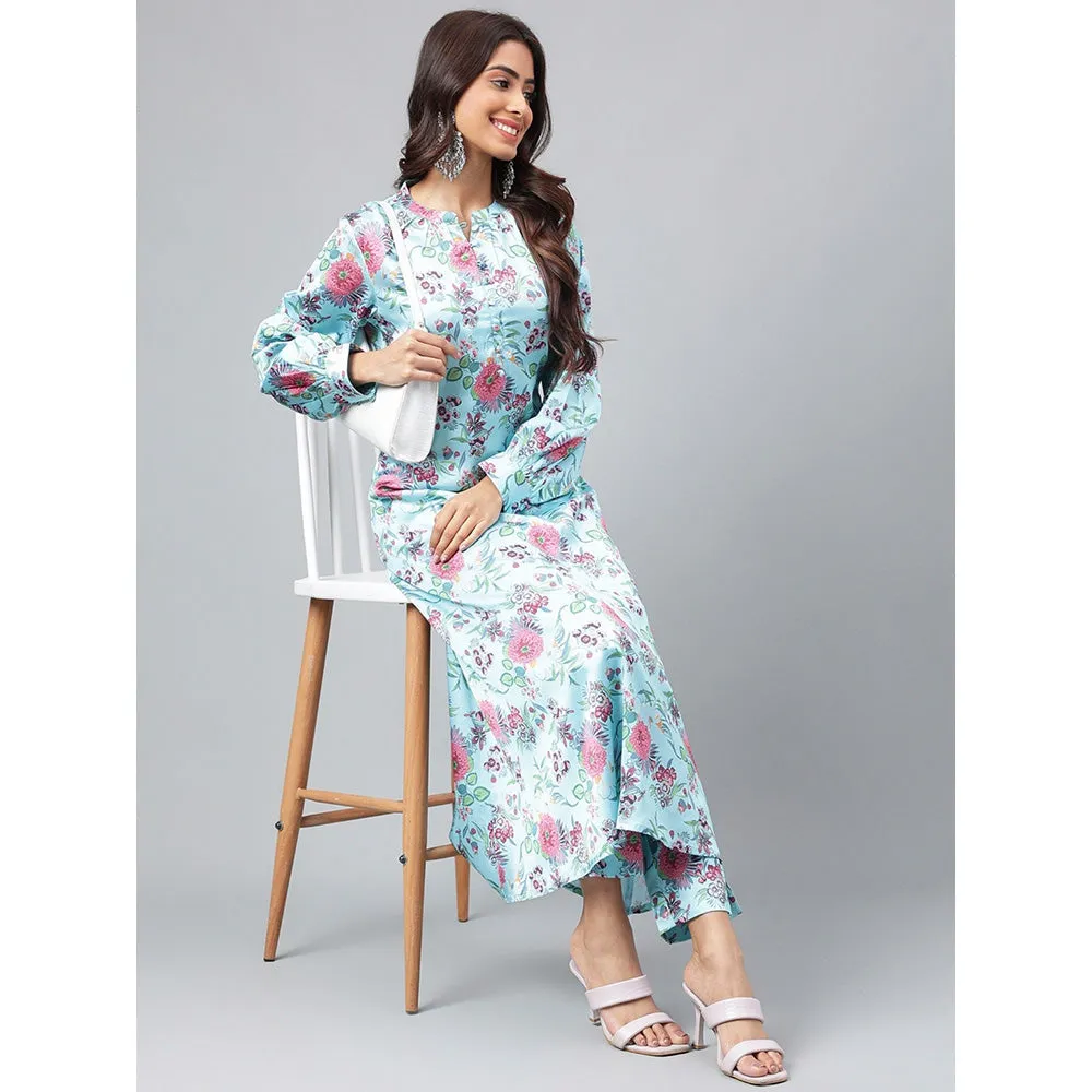 Janasya Womens Aqua Blue Satin Digital Floral Printed Kurta with Pant (Set of 2)