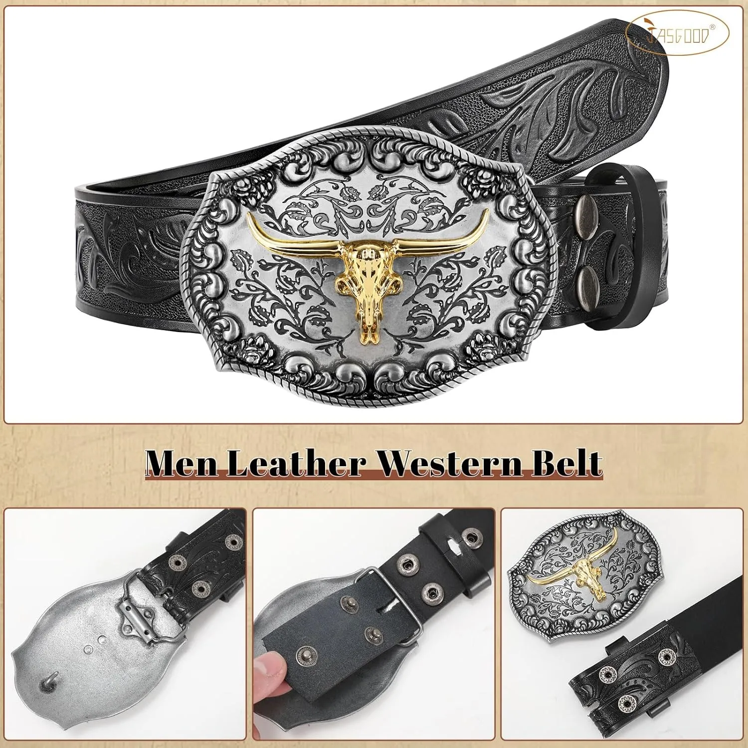 JASGOOD Men Leather Western Belt, Cowboy Cowgirl Country Belt with Longhorn Cow Vintage Engraved Buckle Belt for Jeans