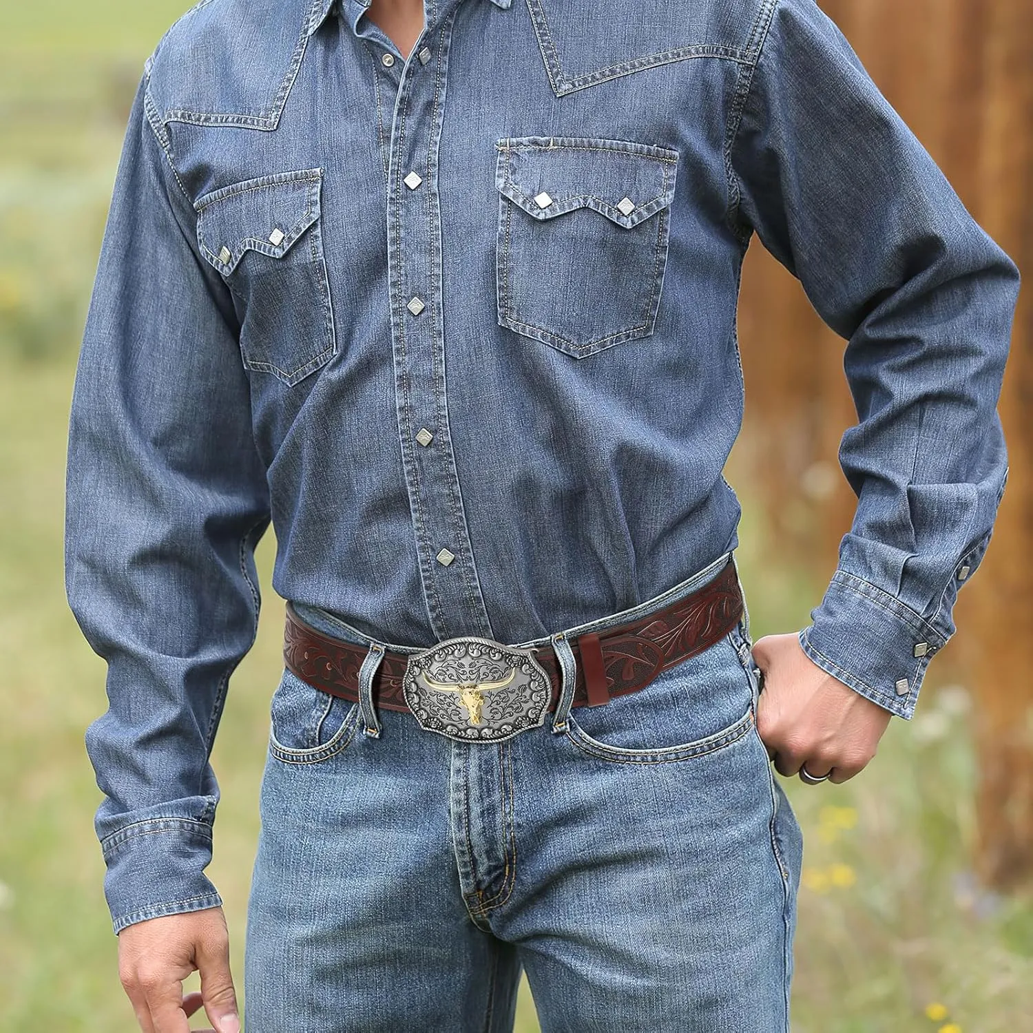 JASGOOD Men Leather Western Belt, Cowboy Cowgirl Country Belt with Longhorn Cow Vintage Engraved Buckle Belt for Jeans