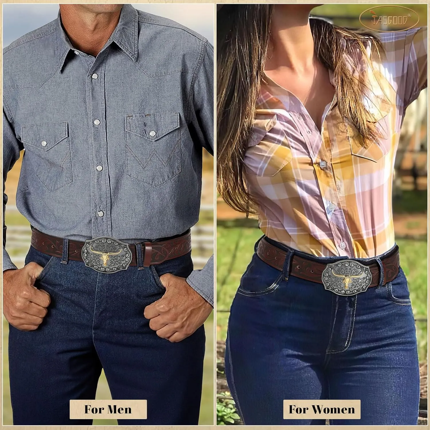 JASGOOD Men Leather Western Belt, Cowboy Cowgirl Country Belt with Longhorn Cow Vintage Engraved Buckle Belt for Jeans