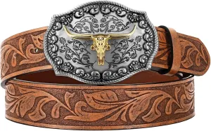 JASGOOD Men Leather Western Belt, Cowboy Cowgirl Country Belt with Longhorn Cow Vintage Engraved Buckle Belt for Jeans