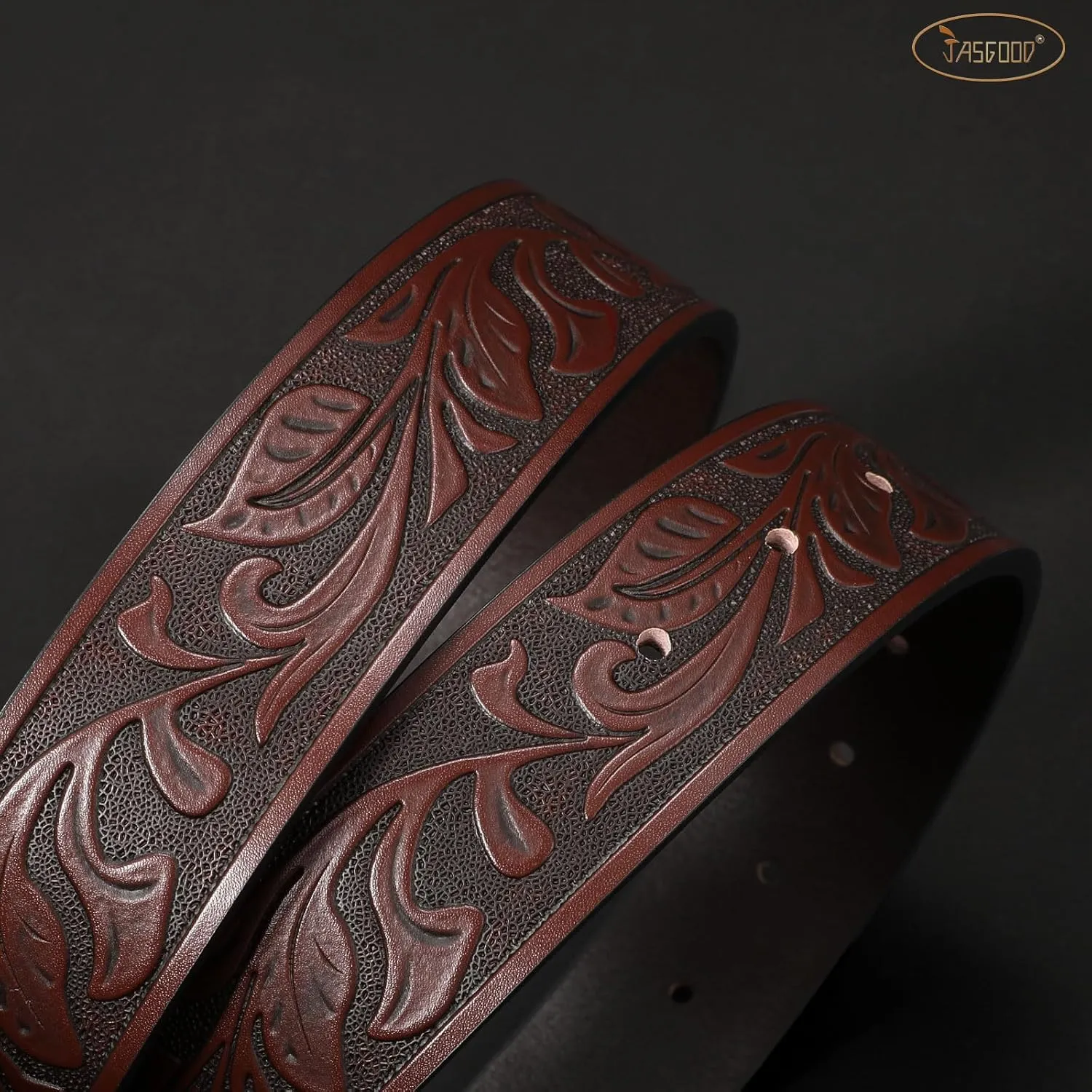 JASGOOD Men Leather Western Belt, Cowboy Cowgirl Country Belt with Longhorn Cow Vintage Engraved Buckle Belt for Jeans