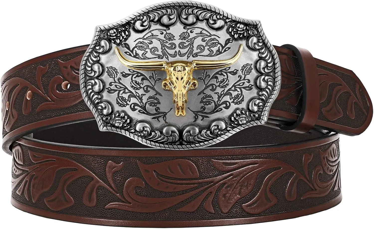 JASGOOD Men Leather Western Belt, Cowboy Cowgirl Country Belt with Longhorn Cow Vintage Engraved Buckle Belt for Jeans