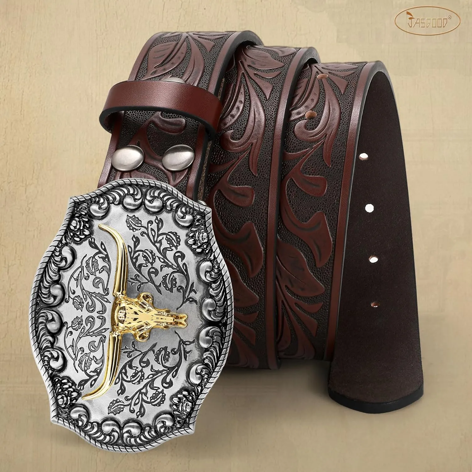 JASGOOD Men Leather Western Belt, Cowboy Cowgirl Country Belt with Longhorn Cow Vintage Engraved Buckle Belt for Jeans