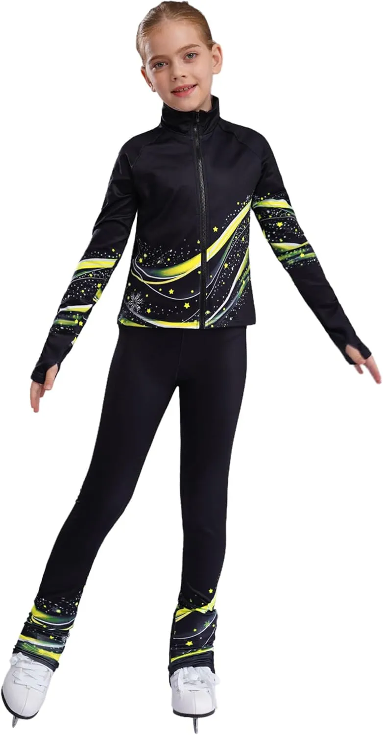 JEATHA Kids Girls Full Zip Fleece Jacket with Printed Athletic Leggings Pants Printed Figure Skating Training Outfits