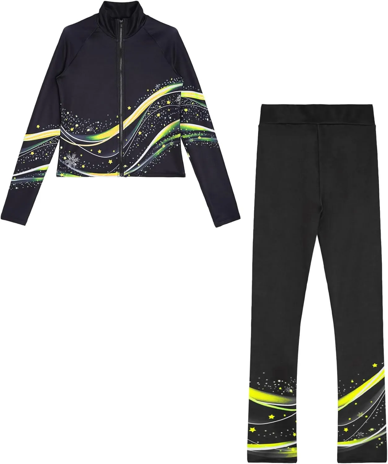 JEATHA Kids Girls Full Zip Fleece Jacket with Printed Athletic Leggings Pants Printed Figure Skating Training Outfits