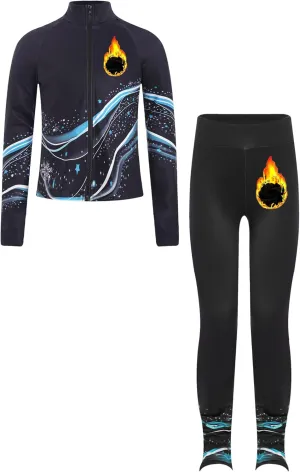 JEATHA Kids Girls Full Zip Fleece Jacket with Printed Athletic Leggings Pants Printed Figure Skating Training Outfits