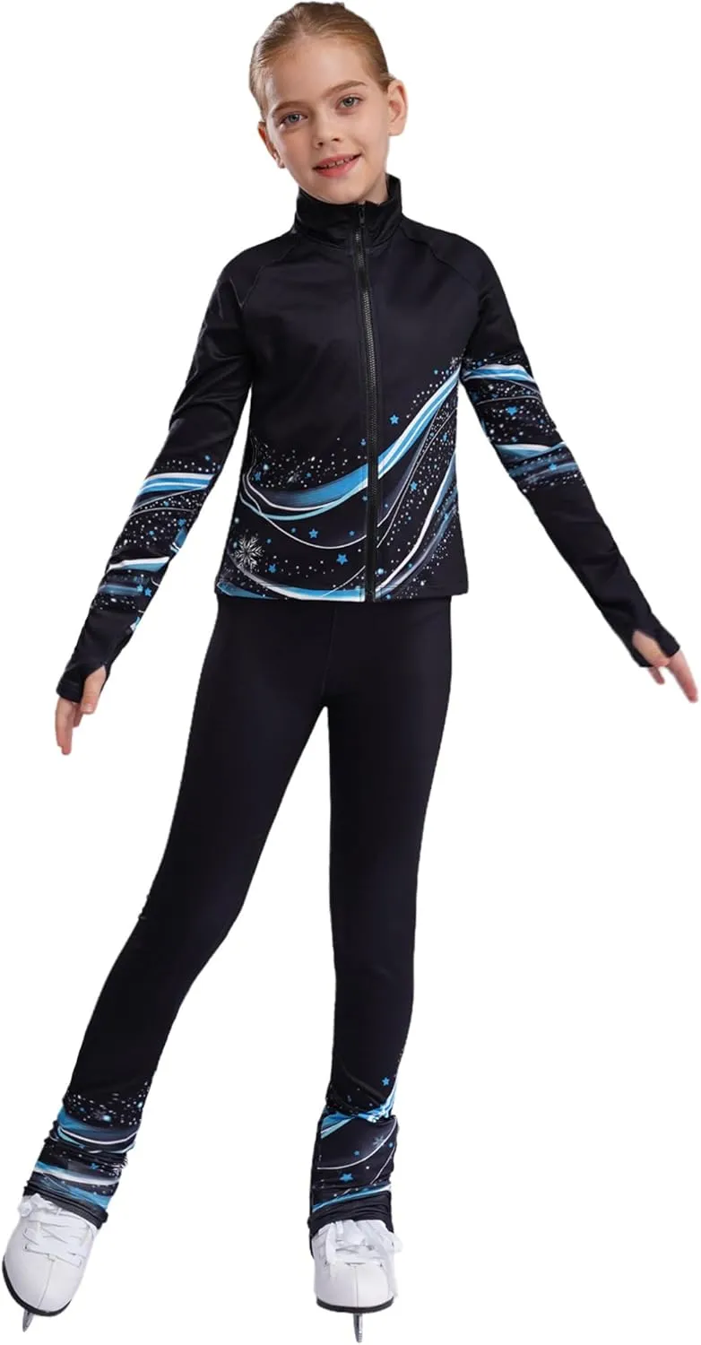 JEATHA Kids Girls Full Zip Fleece Jacket with Printed Athletic Leggings Pants Printed Figure Skating Training Outfits