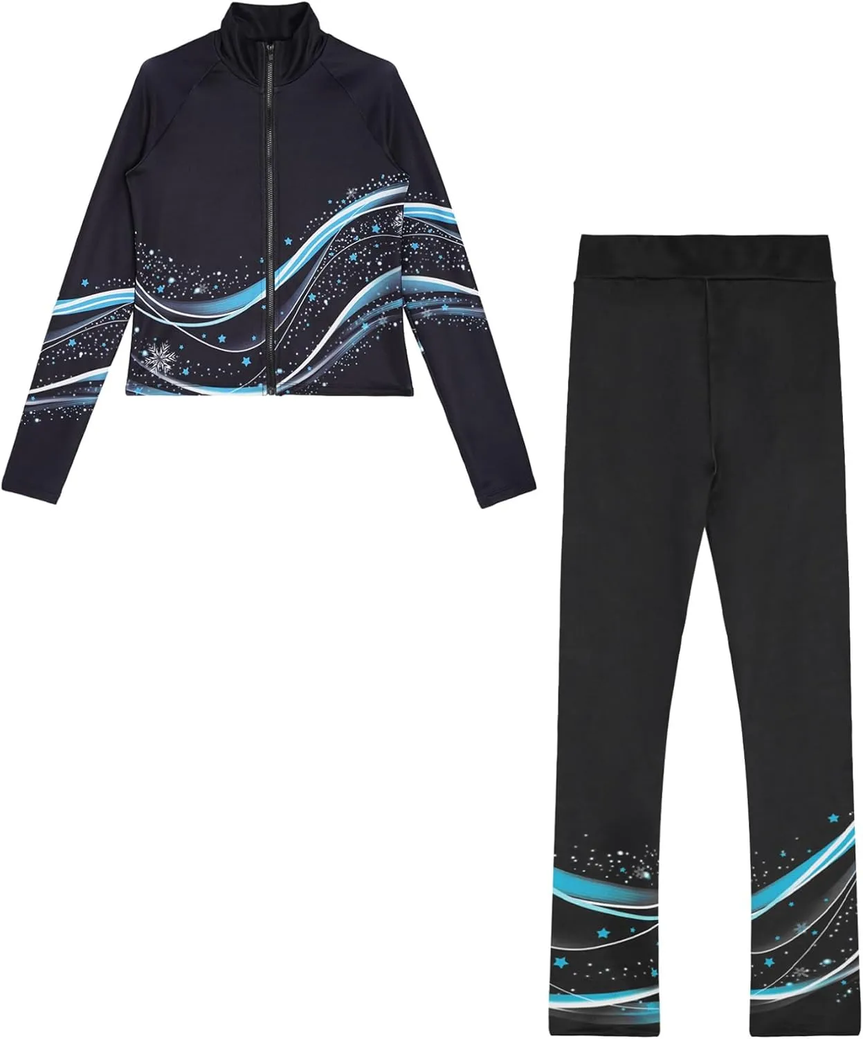 JEATHA Kids Girls Full Zip Fleece Jacket with Printed Athletic Leggings Pants Printed Figure Skating Training Outfits