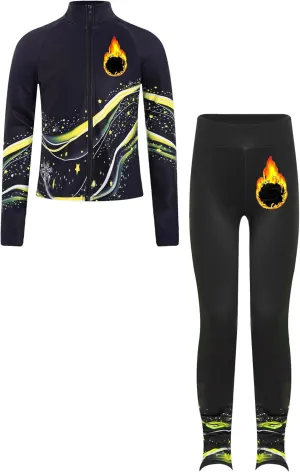 JEATHA Kids Girls Full Zip Fleece Jacket with Printed Athletic Leggings Pants Printed Figure Skating Training Outfits