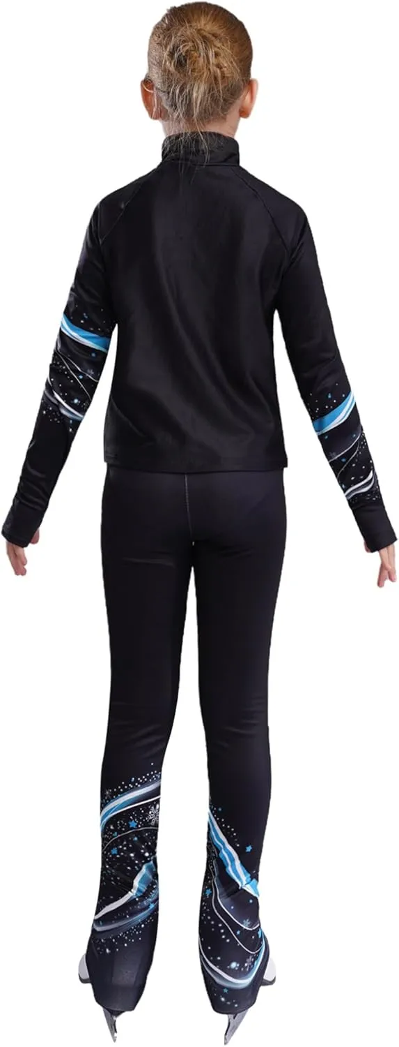 JEATHA Kids Girls Full Zip Fleece Jacket with Printed Athletic Leggings Pants Printed Figure Skating Training Outfits