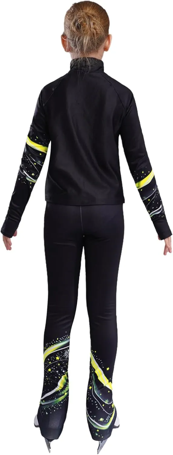 JEATHA Kids Girls Full Zip Fleece Jacket with Printed Athletic Leggings Pants Printed Figure Skating Training Outfits