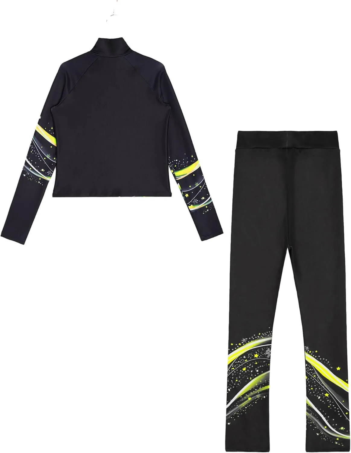 JEATHA Kids Girls Full Zip Fleece Jacket with Printed Athletic Leggings Pants Printed Figure Skating Training Outfits
