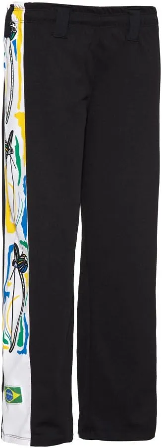 JL Sport Authentic Brazilian Capoeira Martial Arts Pants - Unisex/Children's (Black with Berimbau Print Along Leg)