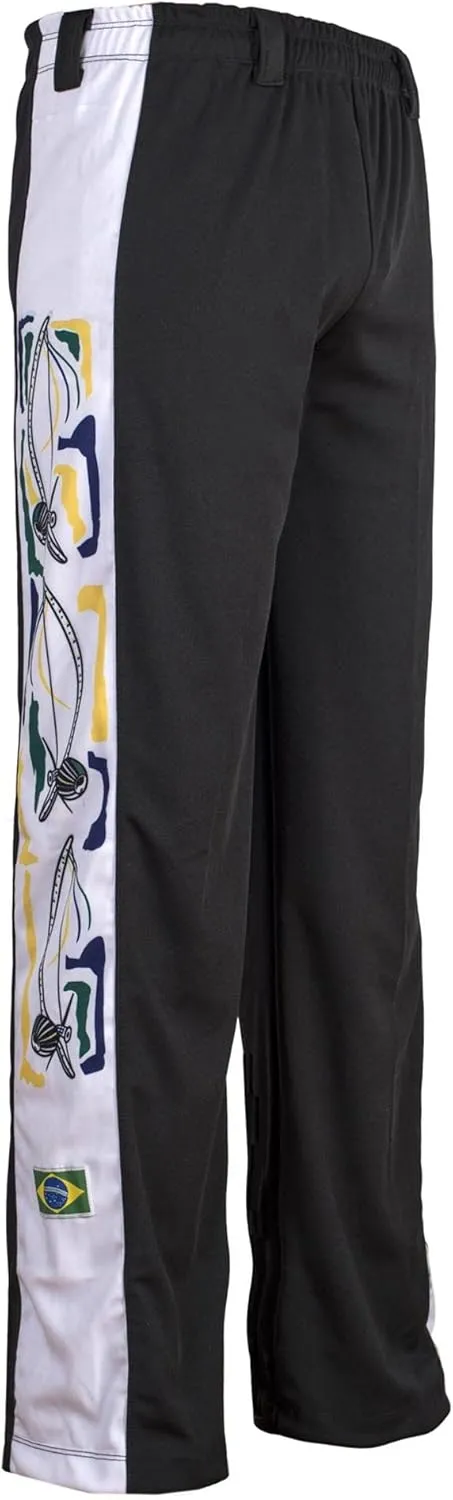 JL Sport Authentic Brazilian Capoeira Martial Arts Pants - Unisex/Children's (Black with Berimbau Print Along Leg)