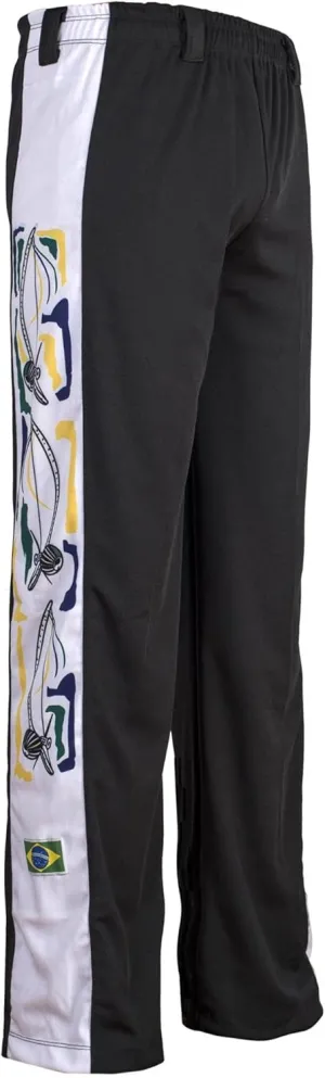 JL Sport Authentic Brazilian Capoeira Martial Arts Pants - Unisex/Children's (Black with Berimbau Print Along Leg)