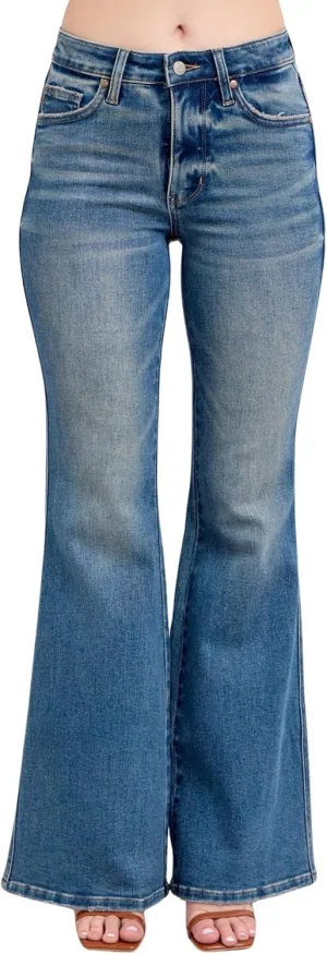 Judy Blue Mid Rise Tummy Control Vintage Wash Back Shield Pocket Flare, Inseam 33"