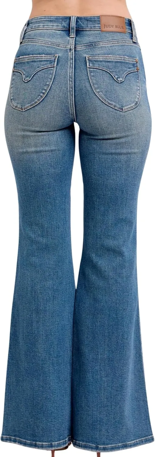 Judy Blue Mid Rise Tummy Control Vintage Wash Back Shield Pocket Flare, Inseam 33"