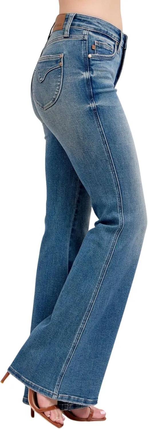 Judy Blue Mid Rise Tummy Control Vintage Wash Back Shield Pocket Flare, Inseam 33"