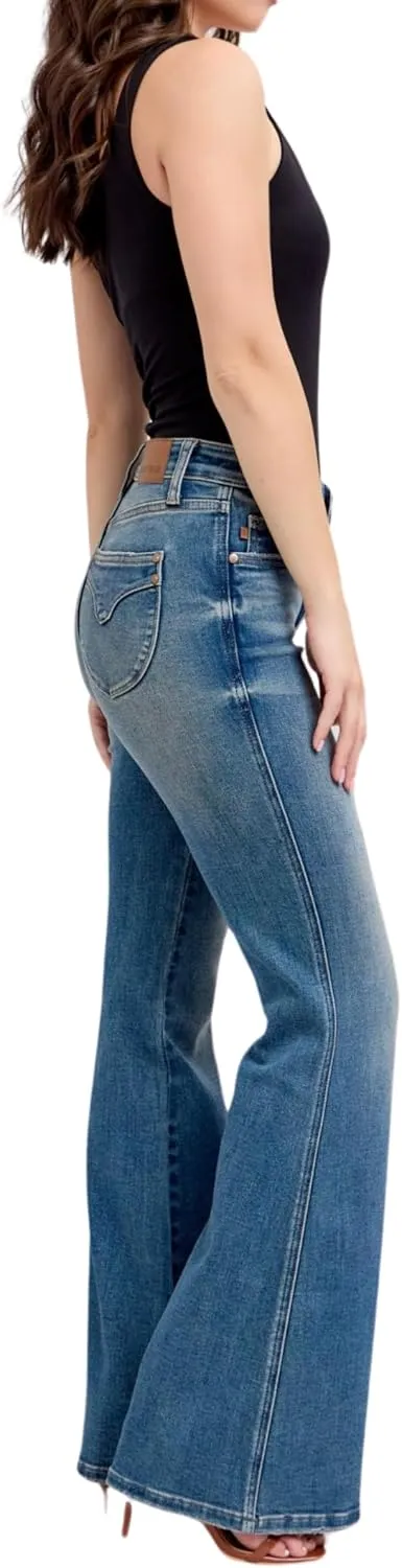 Judy Blue Mid Rise Tummy Control Vintage Wash Back Shield Pocket Flare, Inseam 33"