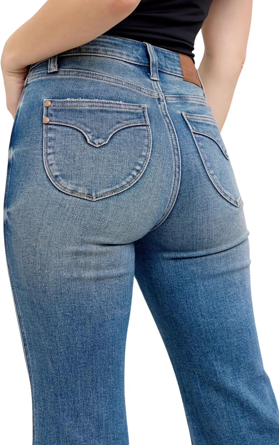 Judy Blue Mid Rise Tummy Control Vintage Wash Back Shield Pocket Flare, Inseam 33"