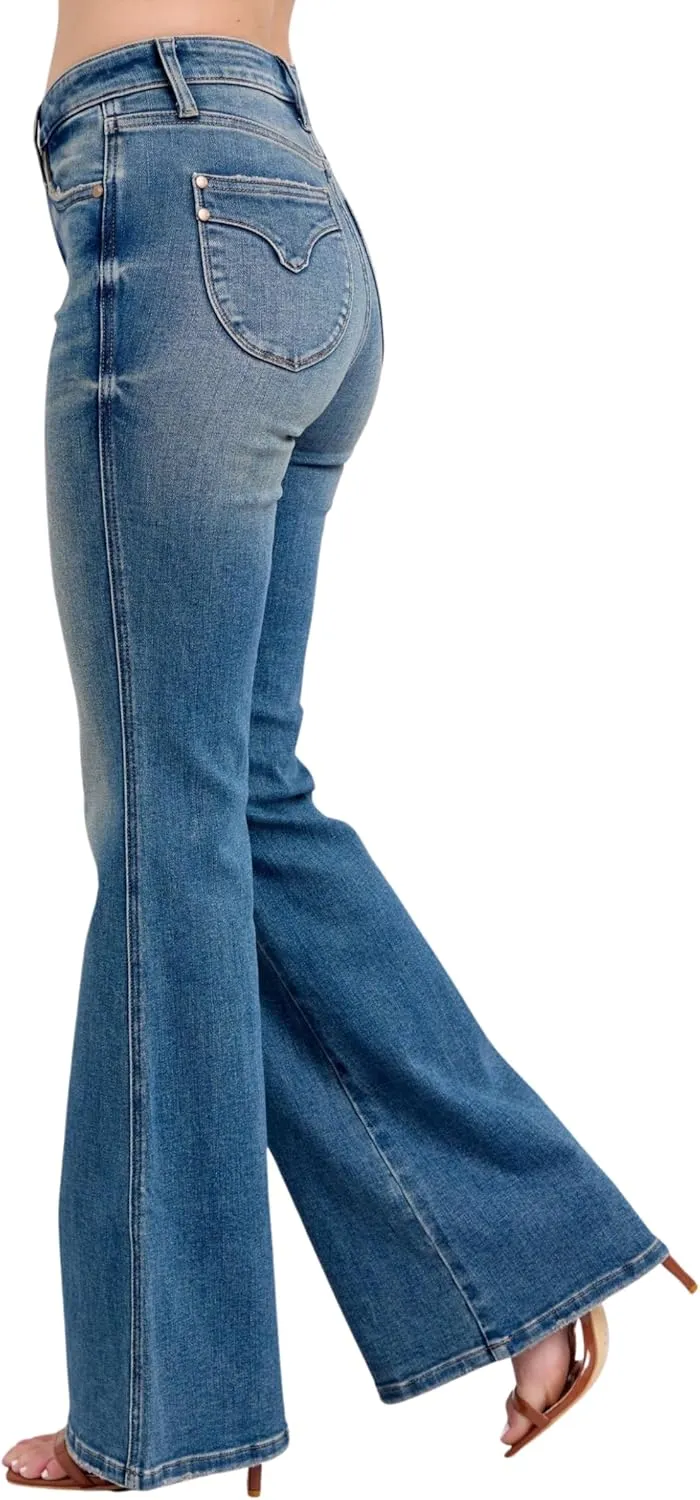 Judy Blue Mid Rise Tummy Control Vintage Wash Back Shield Pocket Flare, Inseam 33"