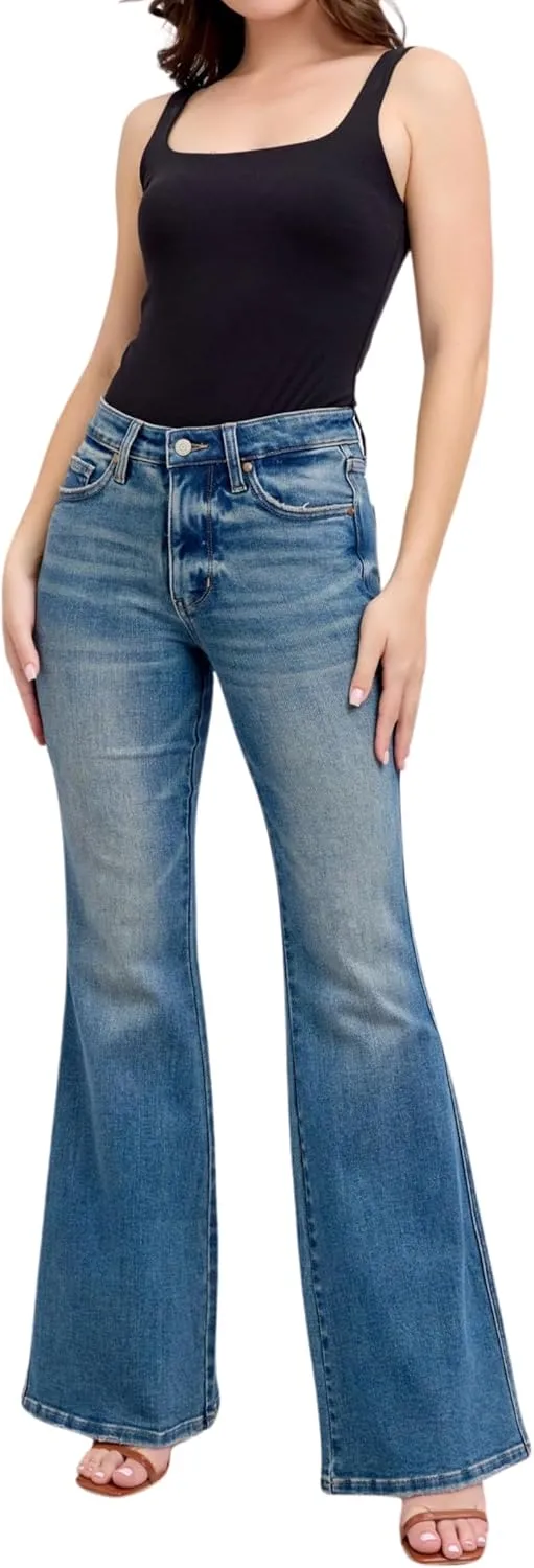 Judy Blue Mid Rise Tummy Control Vintage Wash Back Shield Pocket Flare, Inseam 33"