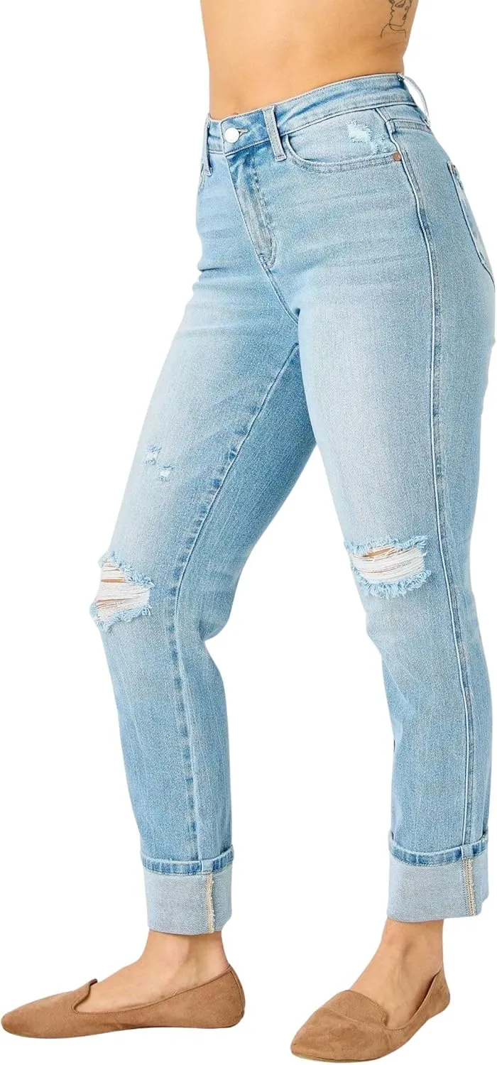Judy Blue Women's Mid-Rise Americana Flag Cuff Boyfriend Jeans