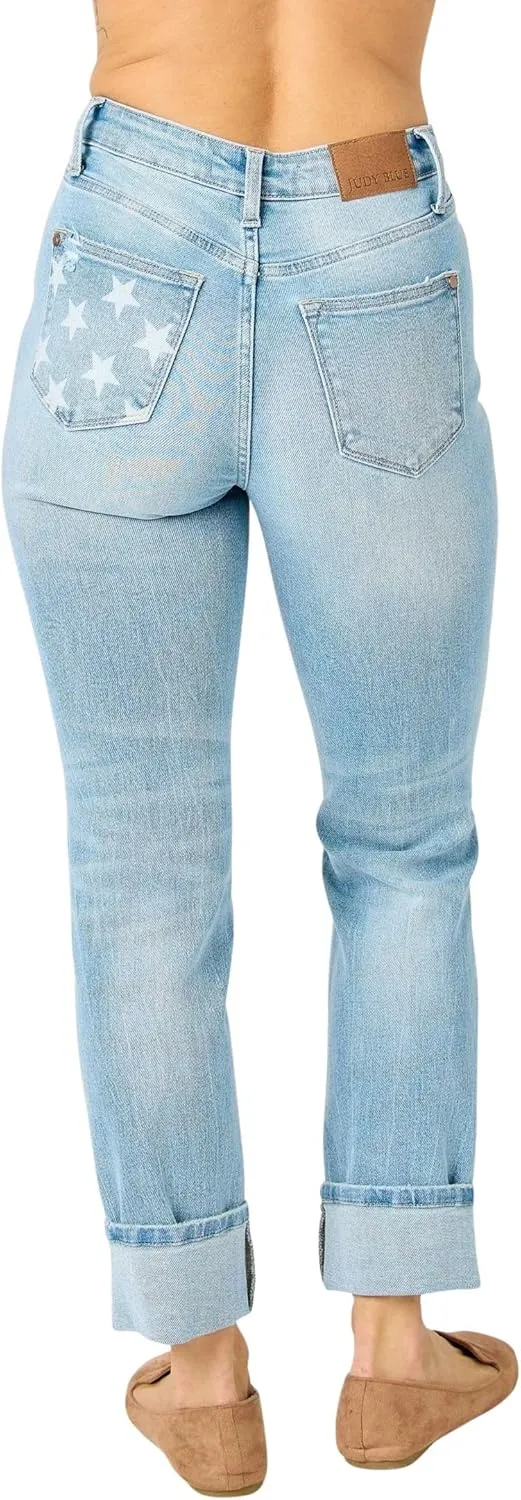 Judy Blue Women's Mid-Rise Americana Flag Cuff Boyfriend Jeans