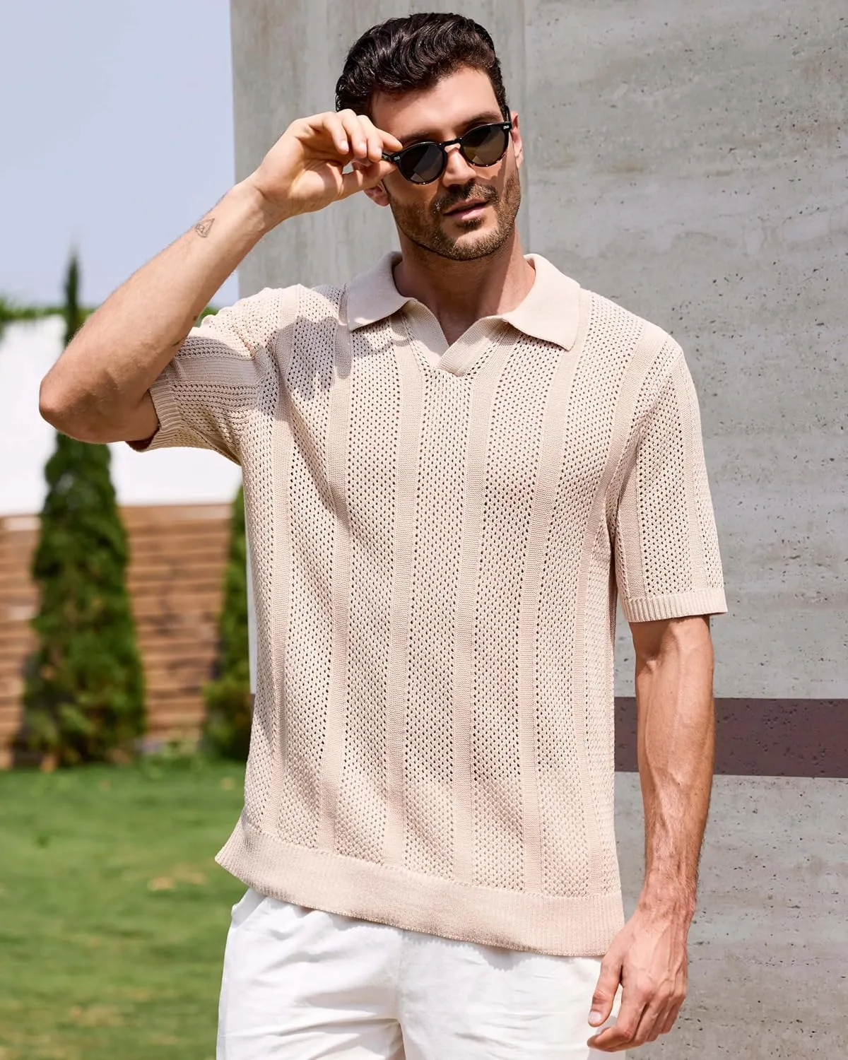 Kallspin Men's Knit Polo Shirt Casual Summer Beach Shirt Short Sleeve Textured Cotton Polo
